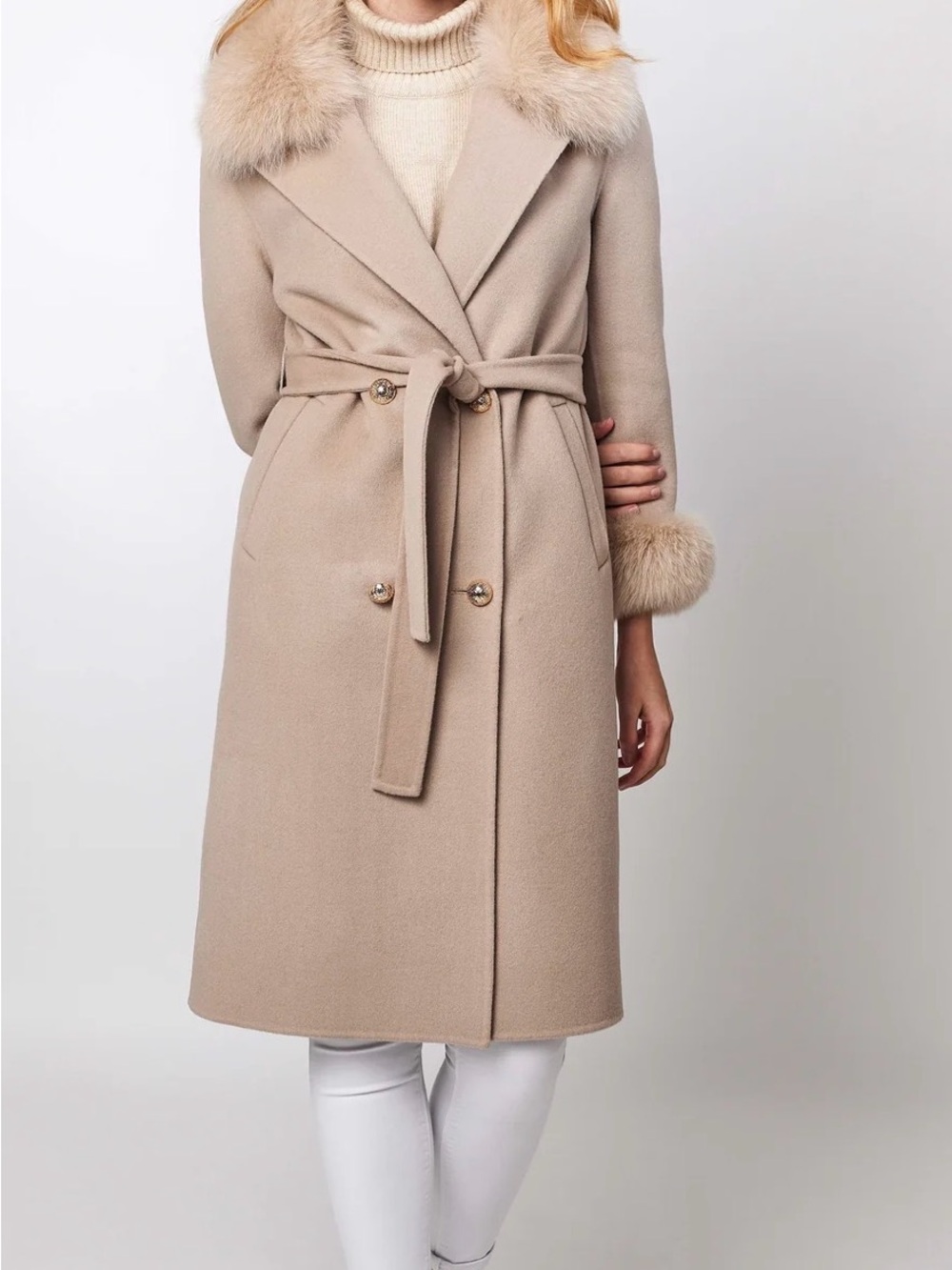 Women's Beige Cashmere Belted Coat with Fox Fur Trim